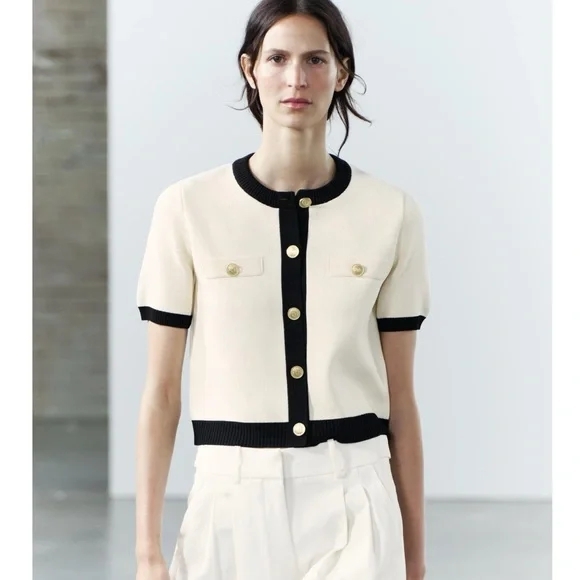 Zara Cream and Black Button Down Shirt - Picture 1 of 8
